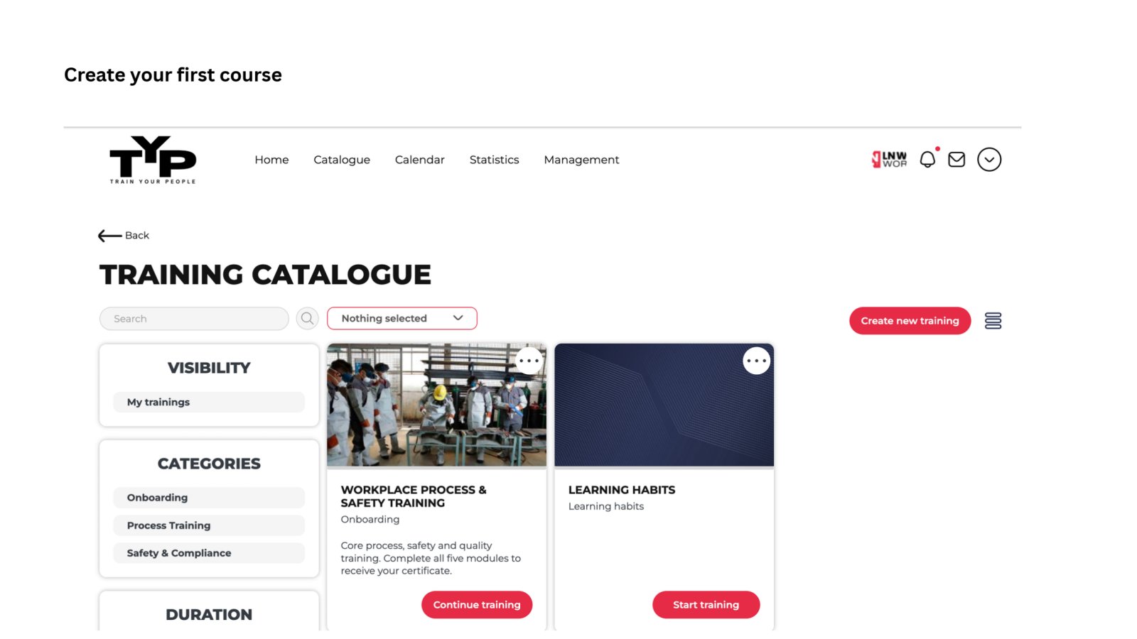 TYP training catalogue showing courses and training categories